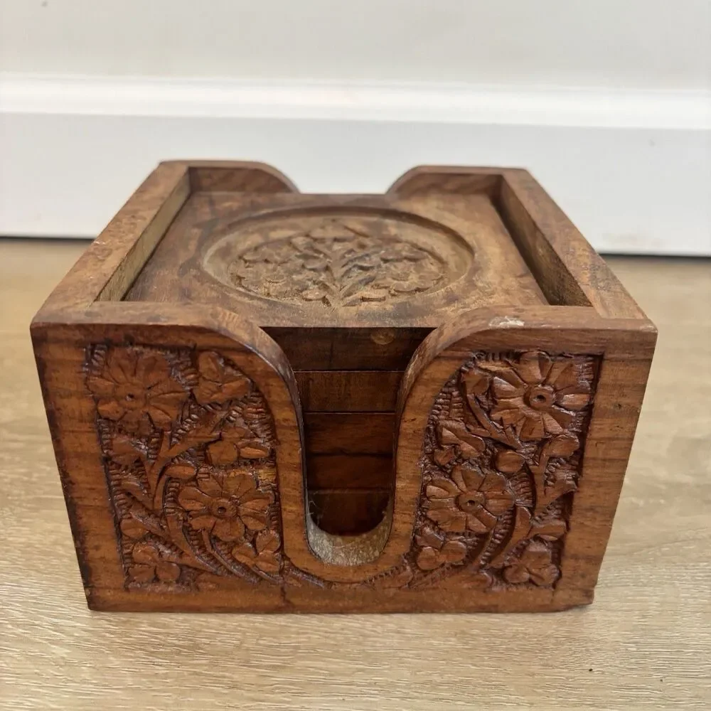 Vintage Hand Carved Wood Coaster Set Caddy Floral Leaf Indian Wooden Drink Mat